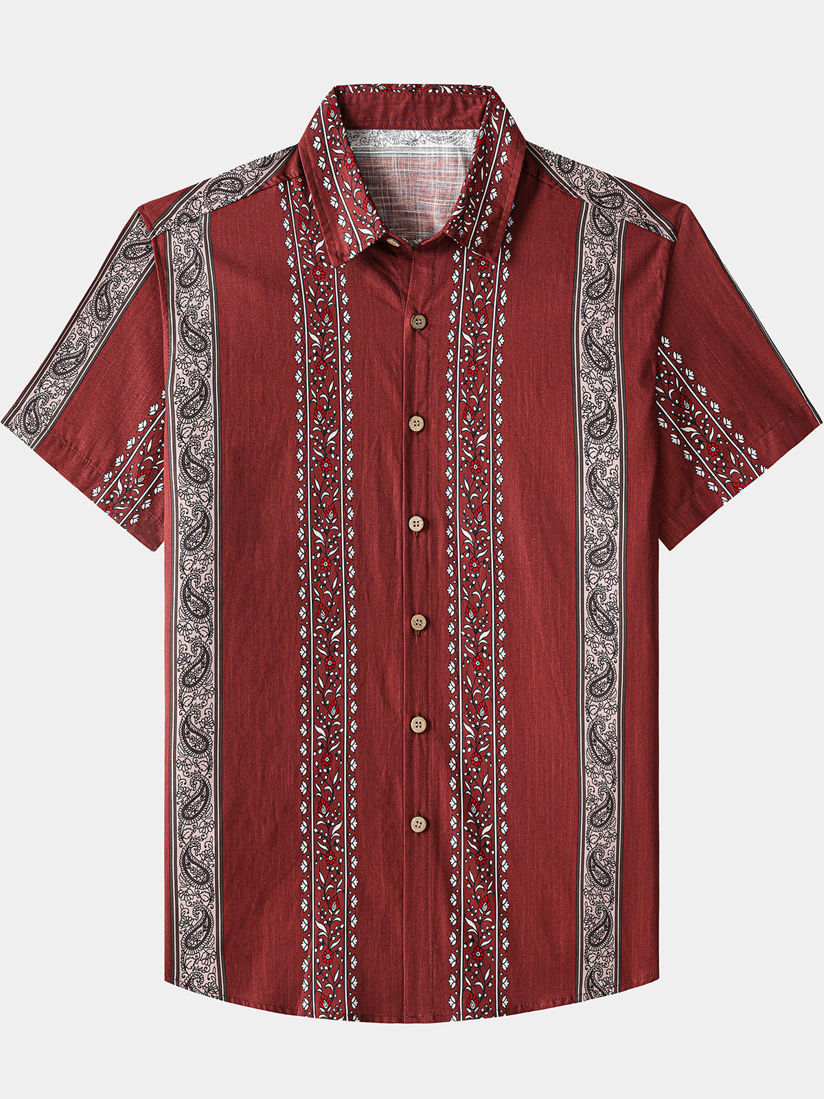 Men’s Retro Hawaiian Print Paisley Striped Cotton Breathable Resort Vacation Short Sleeve Shirt