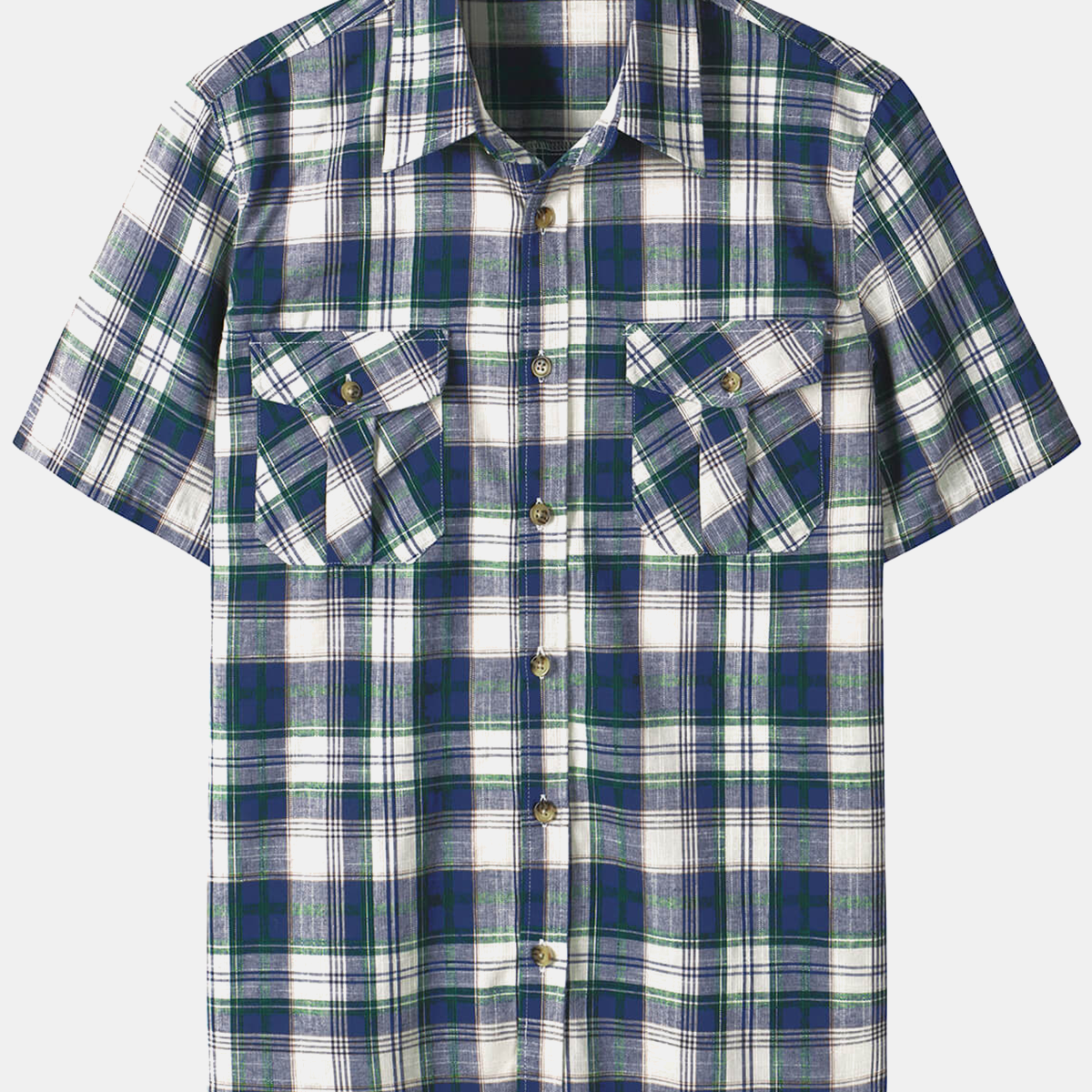 Men's Blue Linen Plaid Pocket Summer Cowboy Check Short Sleeve Button Up Western Shirt