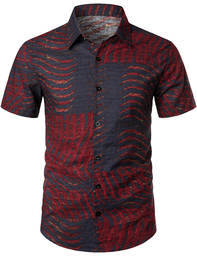 Men's Short Sleeve Striped Printed Retro Cotton Shirt
