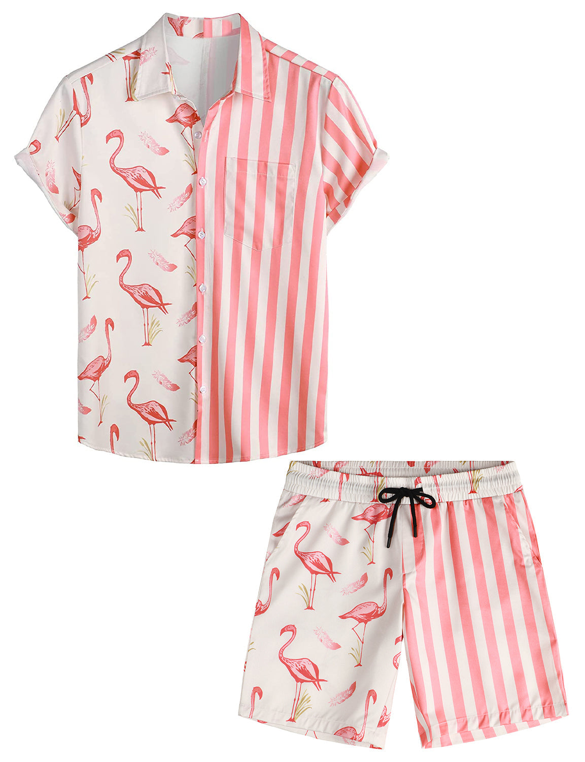 Men's Pink Flamingo Striped Print Holiday Suit Short Sleeve Pocket Matching Shirt and Shorts Set