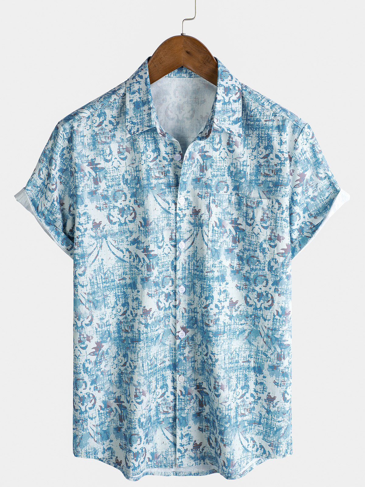 Men's Blue Floral Print Summer Breathable Pocket Short Sleeve Shirt