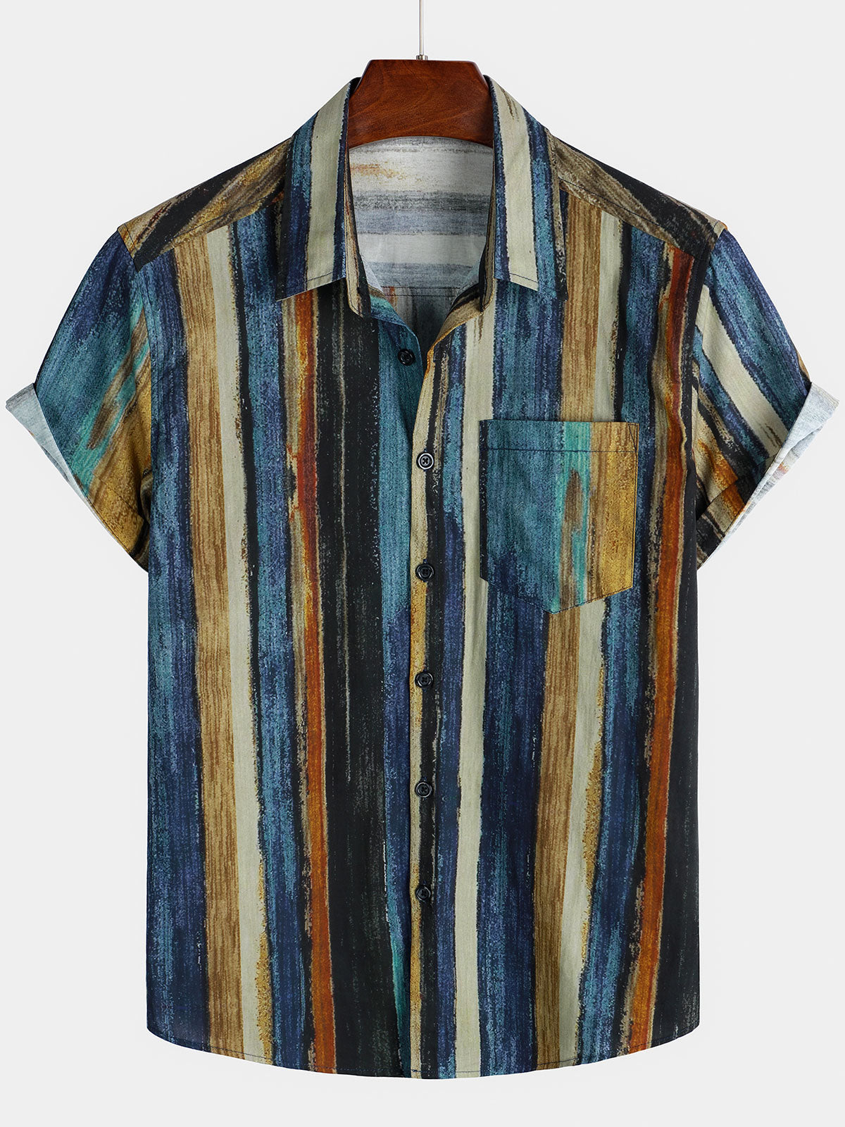 Men's Striped Holiday Art Pocket Short Sleeve Shirt