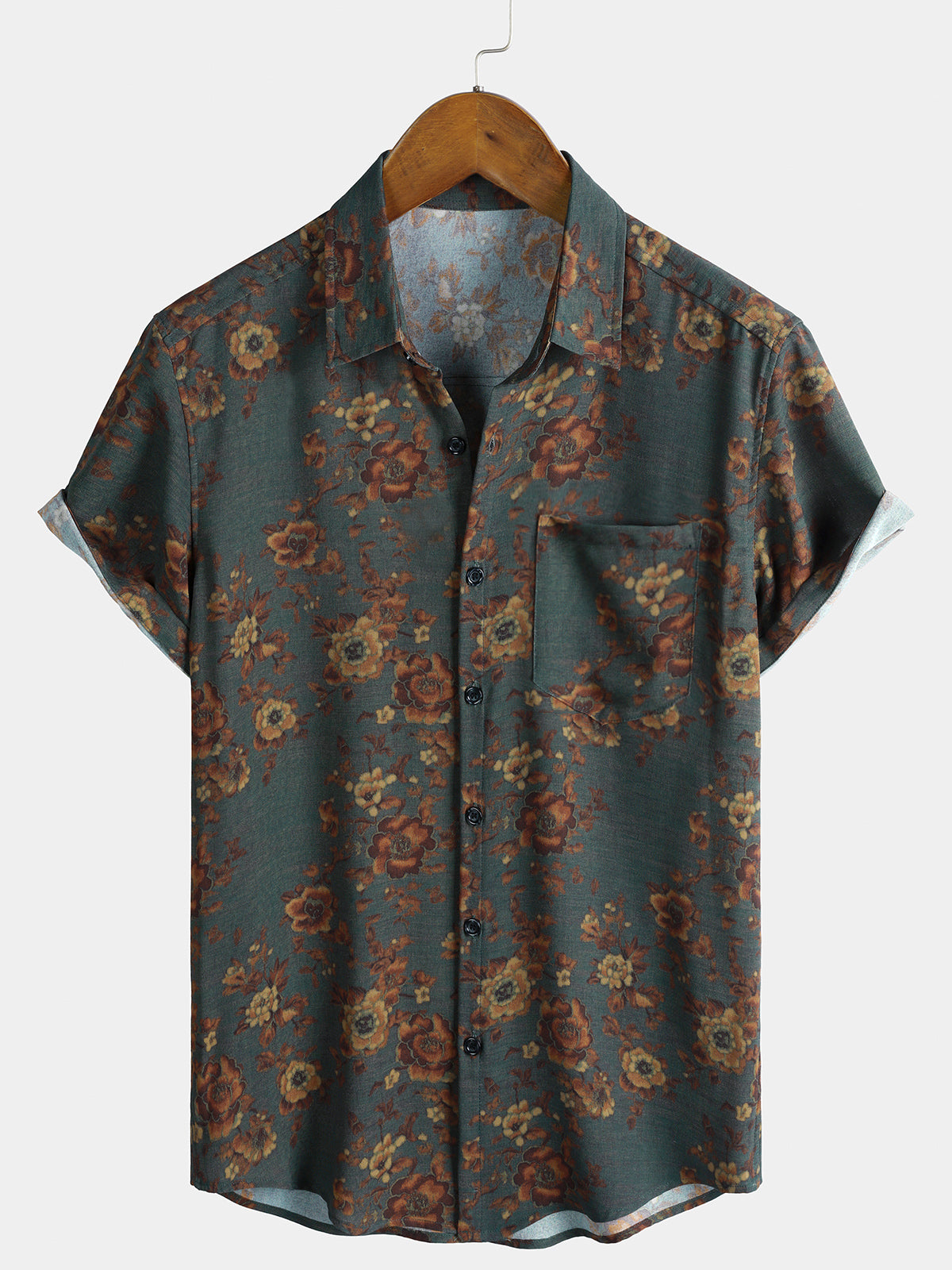 Men's Vintage Floral Print Summer Soft Pocket Short Sleeve Shirt
