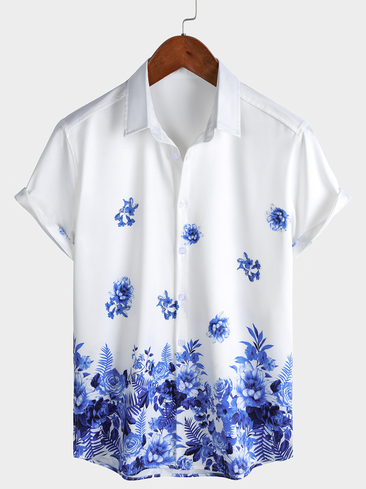 Men's Holiday Summer Blue Floral Print Hawaiian Short Sleeve Shirt