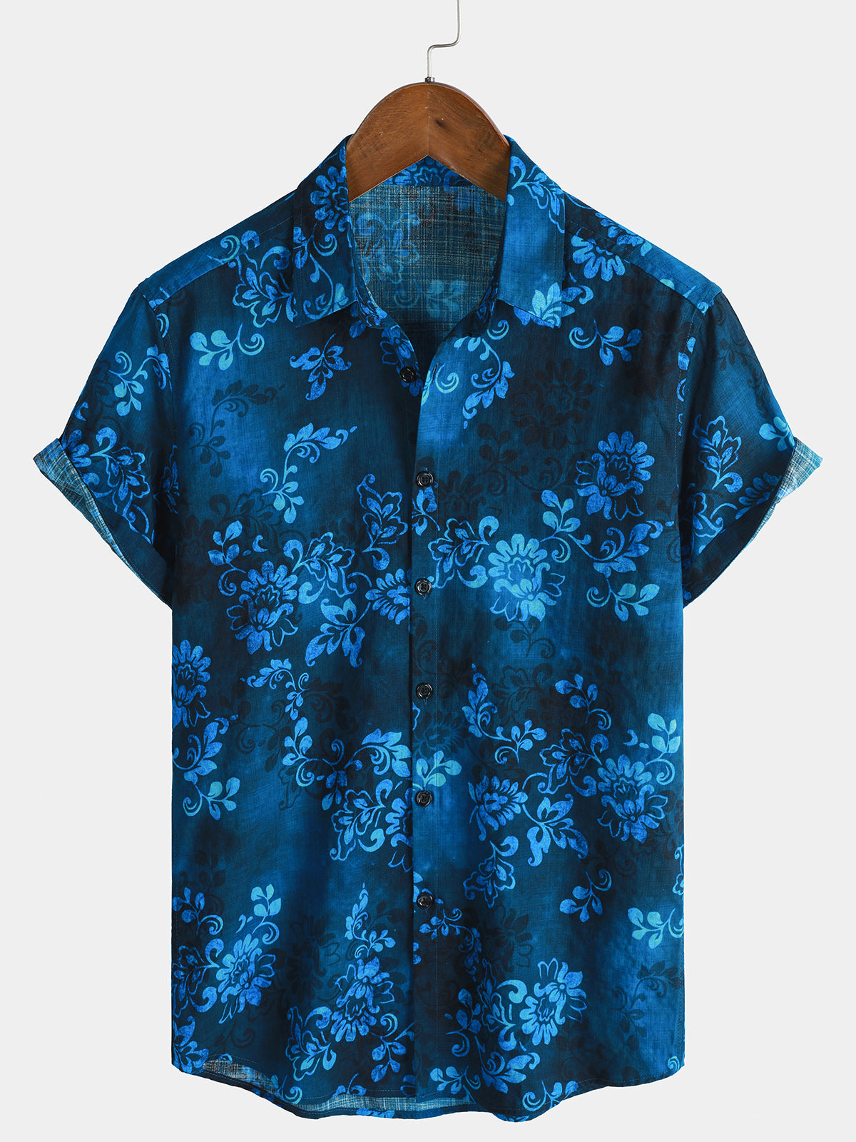 Men's Blue Floral Print Vacation Hawaiian Short Sleeve Shirt