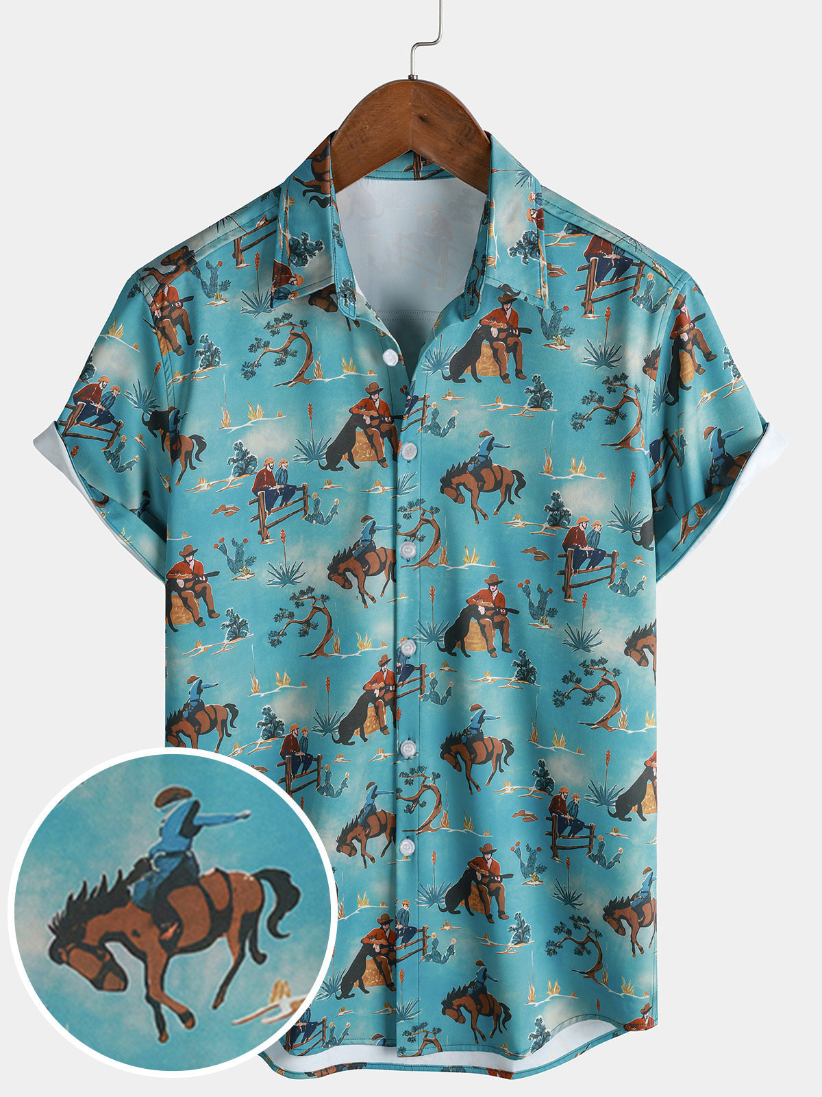 Men's Western Horse Print Cowboy Equestrian Button Short Sleeve Shirt