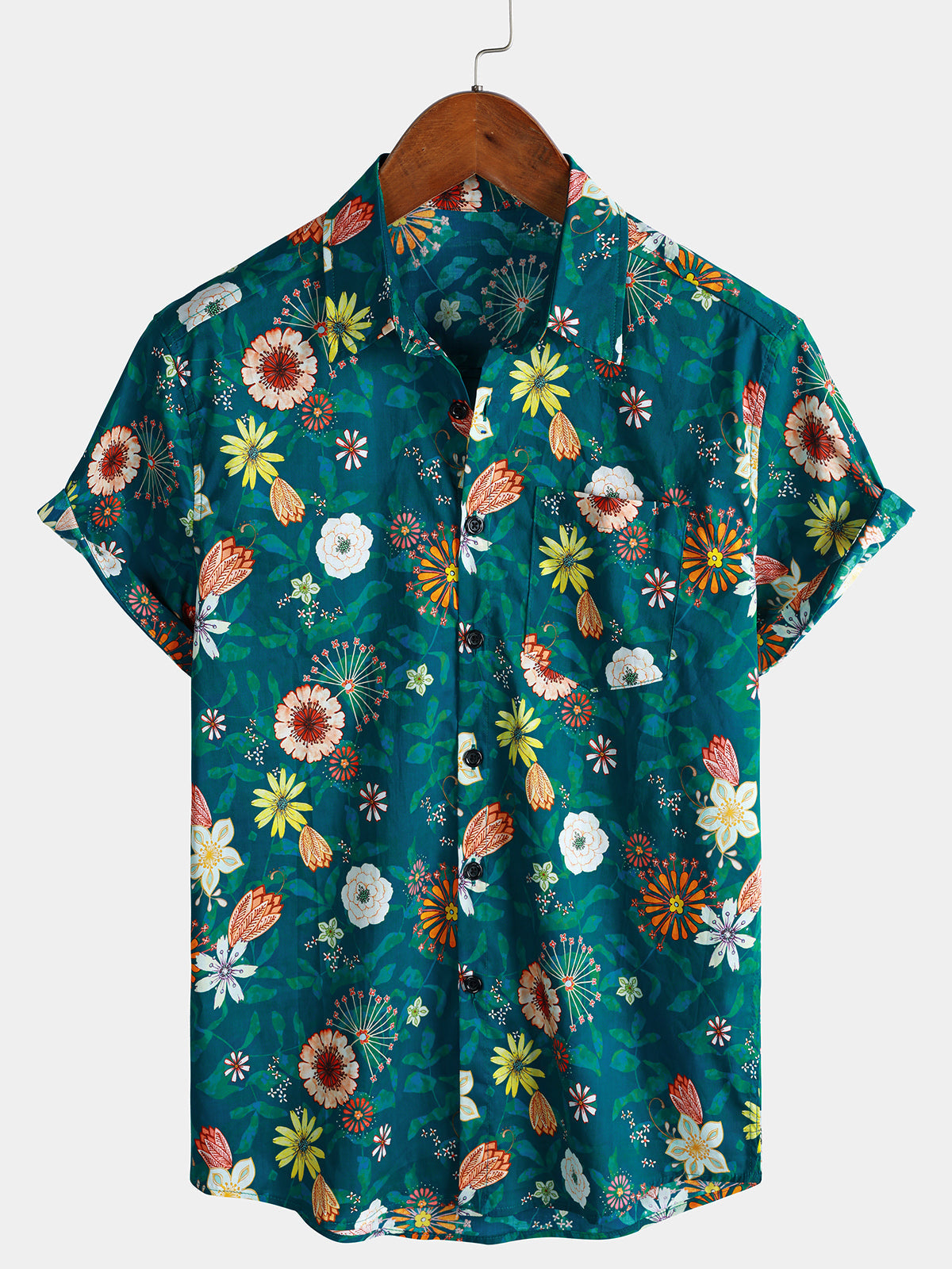 Men's Green Floral Hawaiian Short Sleeve Lightweight Cotton Holiday Shirt
