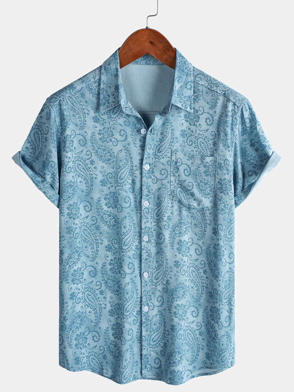 Men's Blue Paisley Floral Summer Holiday Short Sleeve Shirt