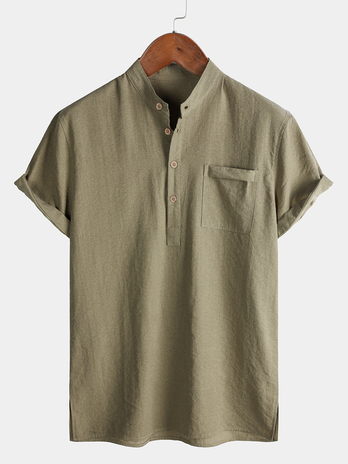 Men's Casual Solid Stand Collar Half Placket Short Sleeve Shirt