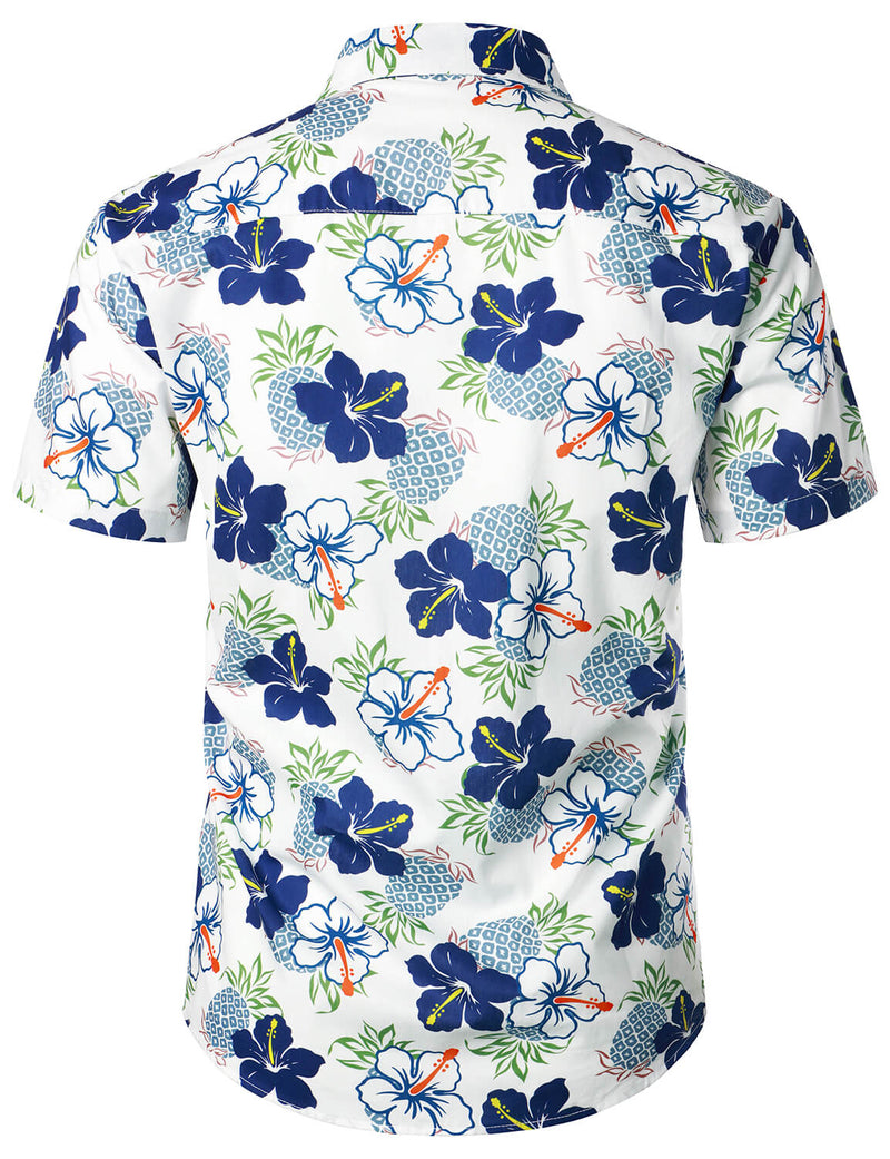 Men's Pineapple Blue Floral Cotton Fruit Tropical Flower Button Up Short Sleeve Holiday Hawaiian Shirt