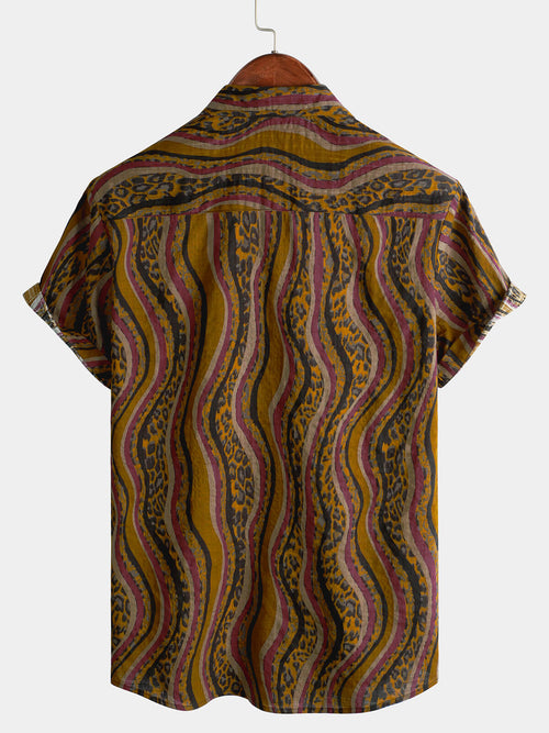 Men's Vintage Art Leopard Print Beach Cotton Button Up Hawaiian Tropical Casual Summer Short Sleeve Shirt