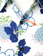 Men's Pineapple Blue Floral Cotton Fruit Tropical Flower Button Up Short Sleeve Holiday Hawaiian Shirt