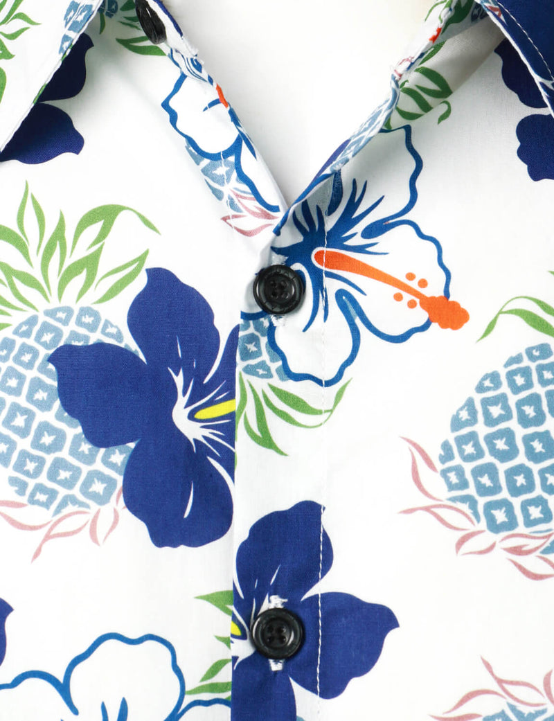 Men's Pineapple Blue Floral Cotton Fruit Tropical Flower Button Up Short Sleeve Holiday Hawaiian Shirt