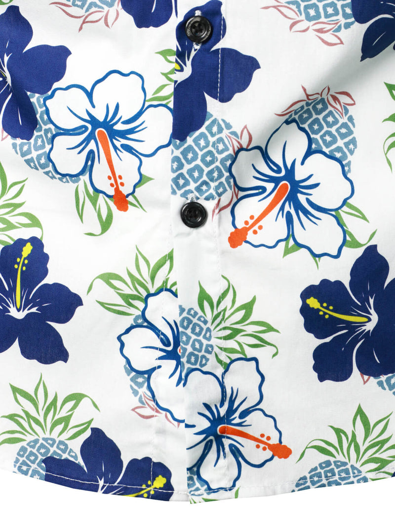 Men's Pineapple Blue Floral Cotton Fruit Tropical Flower Button Up Short Sleeve Holiday Hawaiian Shirt