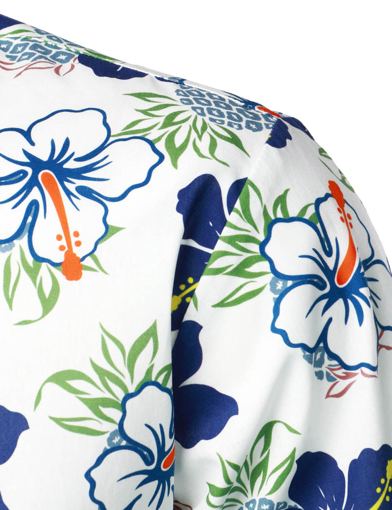 Men's Pineapple Blue Floral Cotton Fruit Tropical Flower Button Up Short Sleeve Holiday Hawaiian Shirt