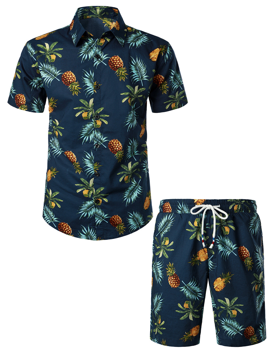 Men's Lemon Print Cotton Tropical Fruit Hawaiian Shirt and Shorts Set