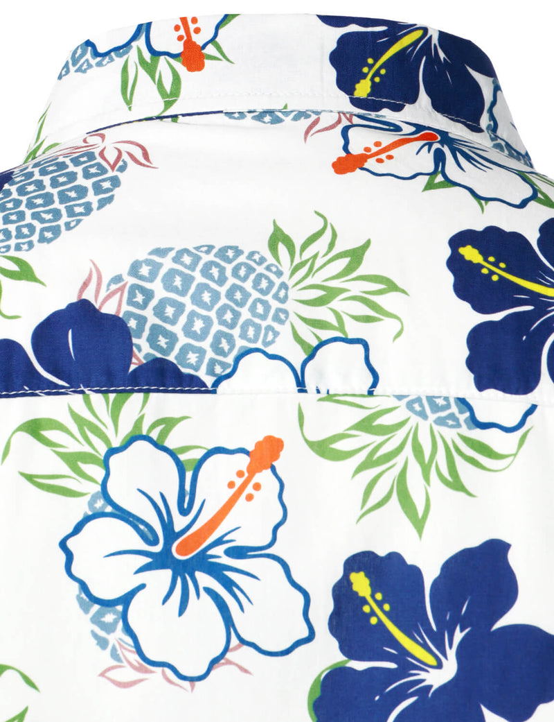Men's Pineapple Blue Floral Cotton Fruit Tropical Flower Button Up Short Sleeve Holiday Hawaiian Shirt