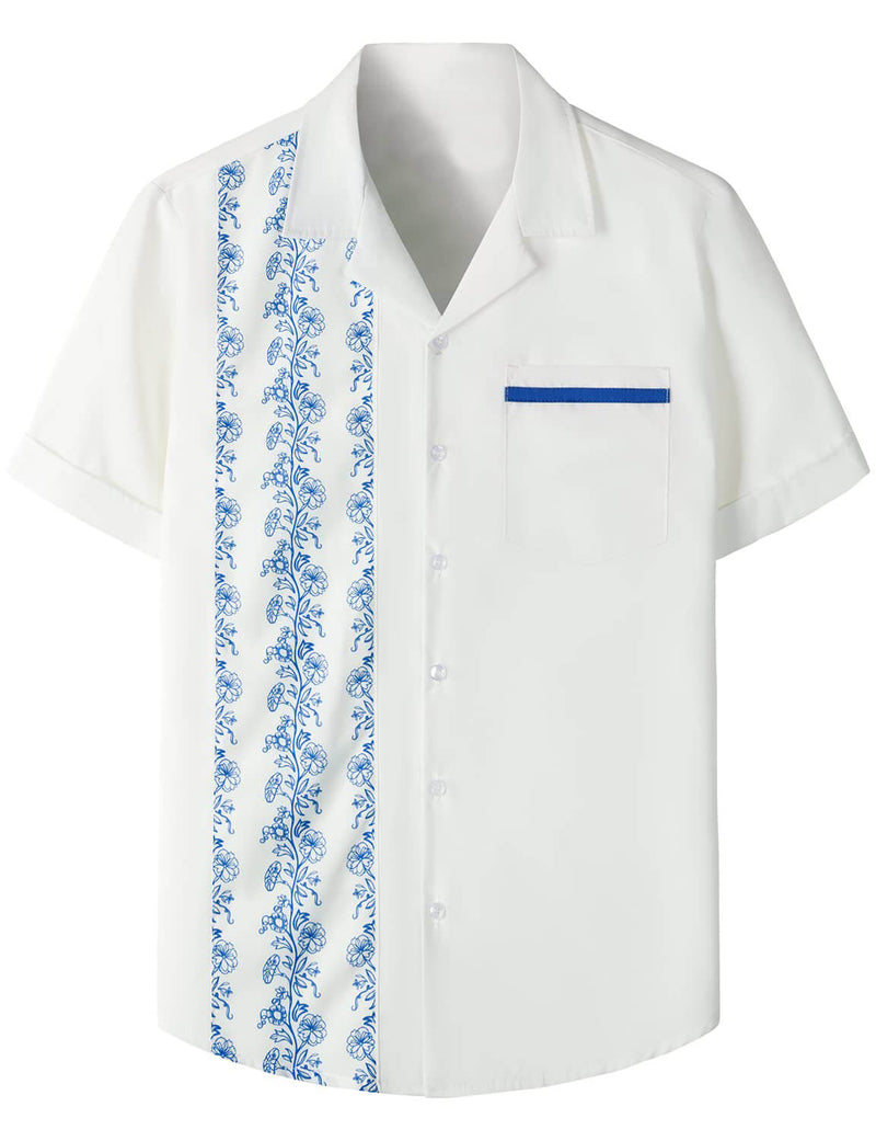 Men's 50s Rockabilly Style Floral Print Beach Retro Bowling Summer Beach White Short Sleeve Shirt