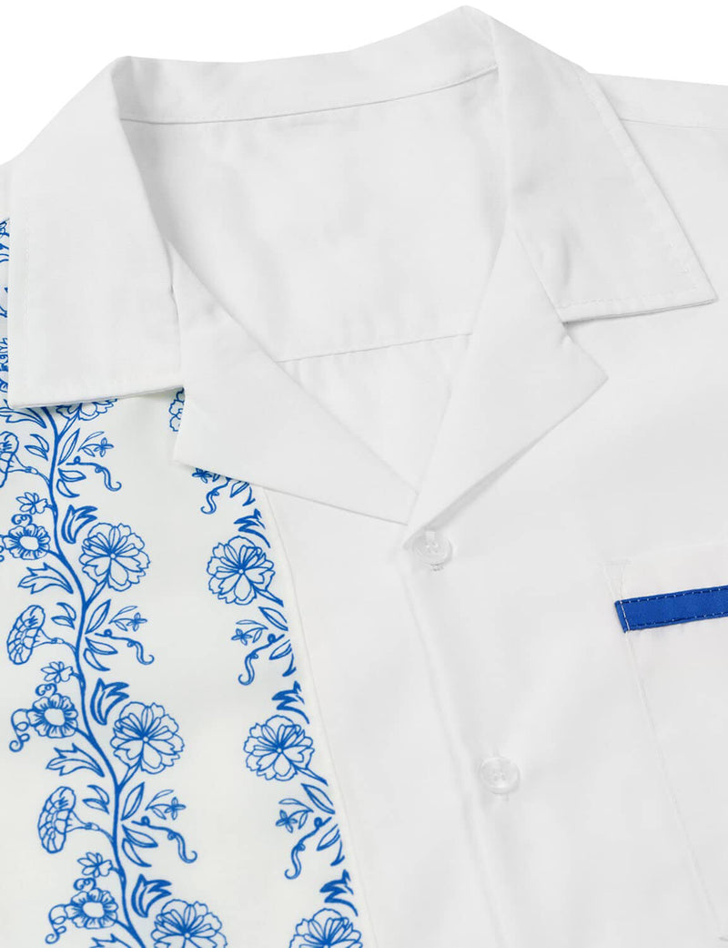 Men's 50s Rockabilly Style Floral Print Beach Retro Bowling Summer Beach White Short Sleeve Shirt