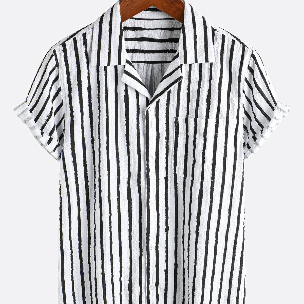 Men's Casual 100% Cotton Striped Pocket Hawaiian Holiday Button Up Short Sleeve Shirt