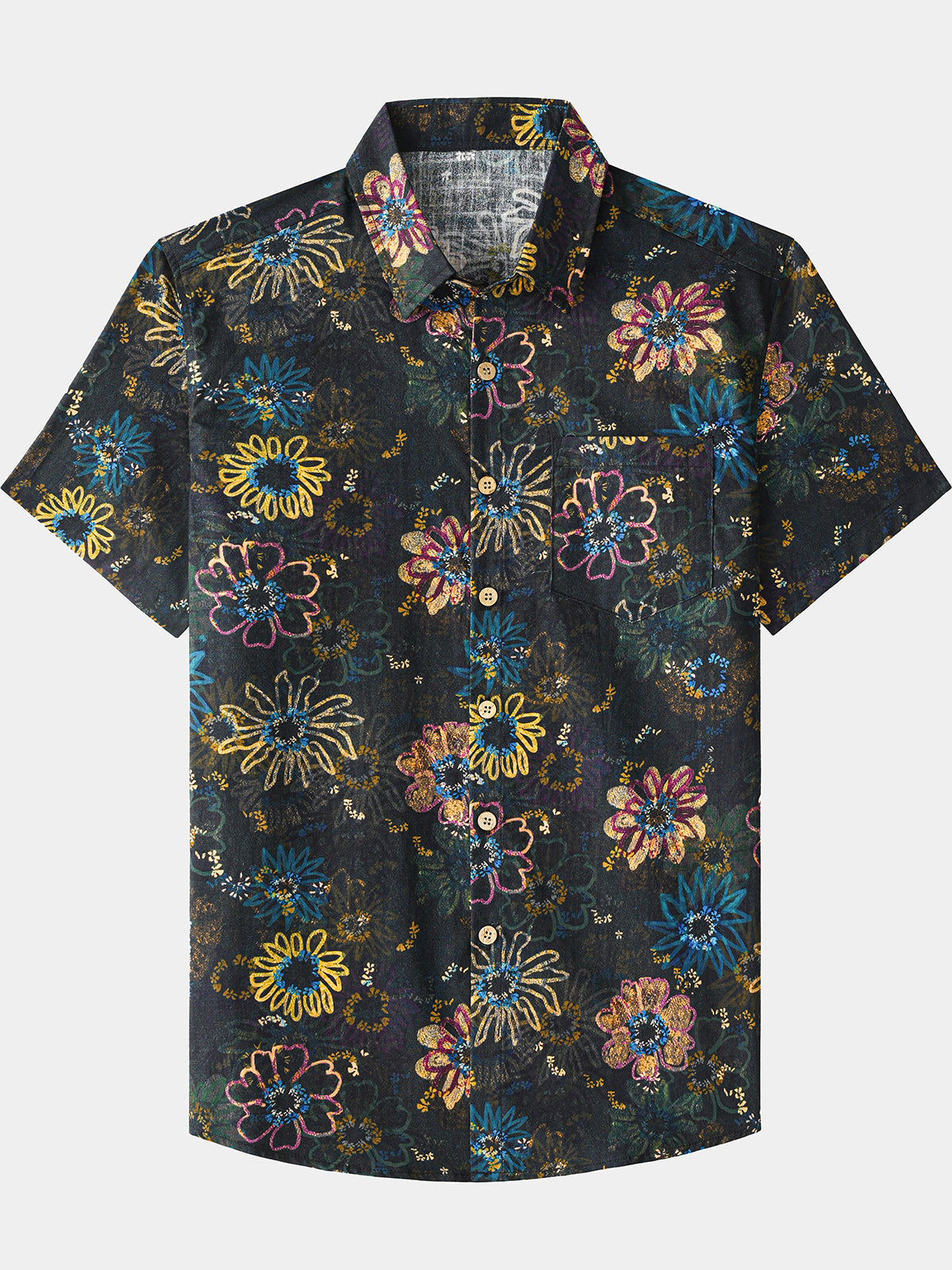 Men’s Retro Resort Vacation Holiday Party Hawaiian Floral Cotton Short Sleeve Shirt