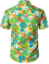 Men's Green Hawaiian Cute Floral Print 70s Themed Disco Party Cotton Cool Button Up Short Sleeve Shirt