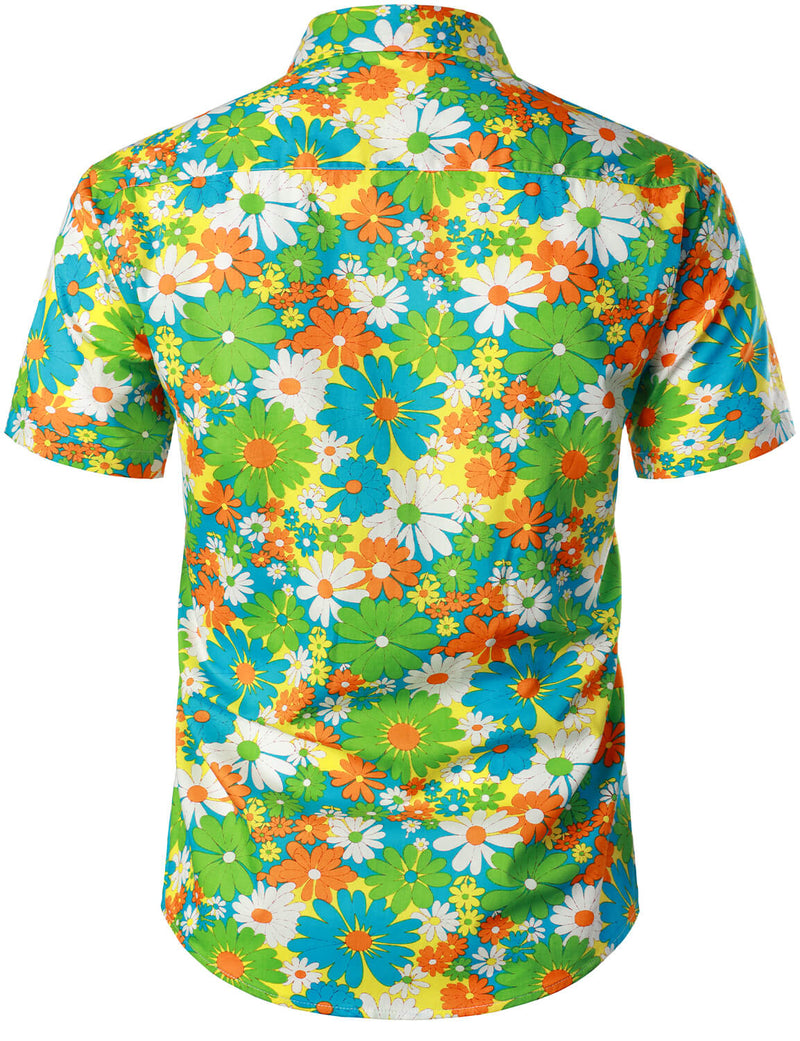 Men's Green Hawaiian Cute Floral Print 70s Themed Disco Party Cotton Cool Button Up Short Sleeve Shirt