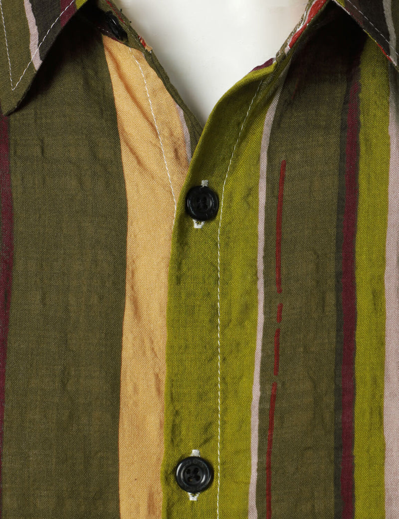 Men's Retro Army Green Vertical Striped Button Up Vacation Beach Short Sleeve Shirt