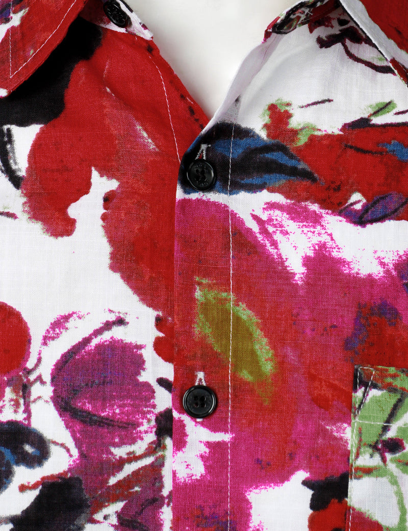 Men's Red Floral Holiday Button Up Vintage Casual Vacation Short Sleeve Shirt