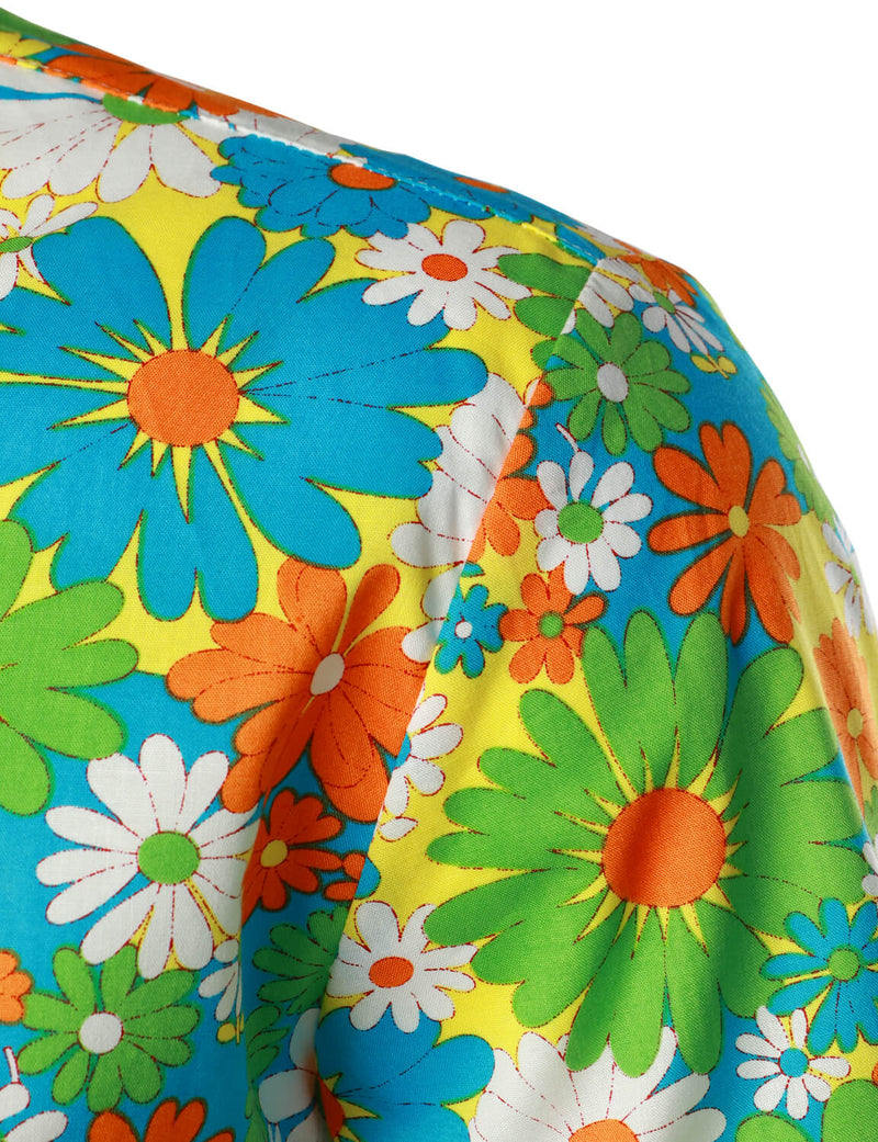 Men's Green Hawaiian Cute Floral Print 70s Themed Disco Party Cotton Cool Button Up Short Sleeve Shirt