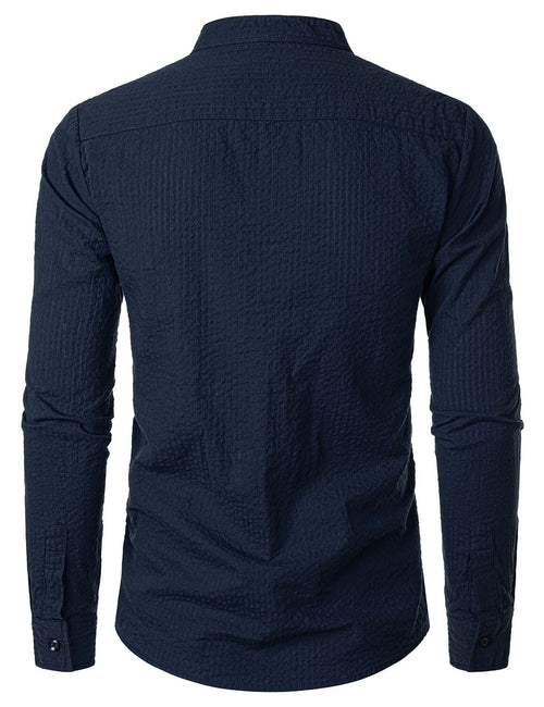Men's Casual Henry Collar Solid Color Breathable 100% Cotton Pocket Long Sleeve Shirt
