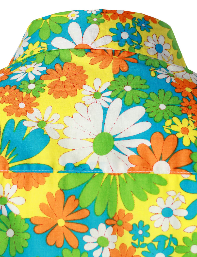 Men's Green Hawaiian Cute Floral Print 70s Themed Disco Party Cotton Cool Button Up Short Sleeve Shirt