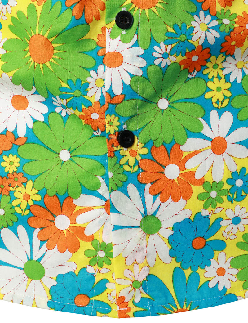 Men's Green Hawaiian Cute Floral Print 70s Themed Disco Party Cotton Cool Button Up Short Sleeve Shirt