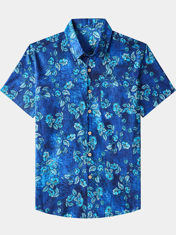 Men’s Vintage Flower Graphics Textured Cotton Casual Button Up Short Sleeve Shirt