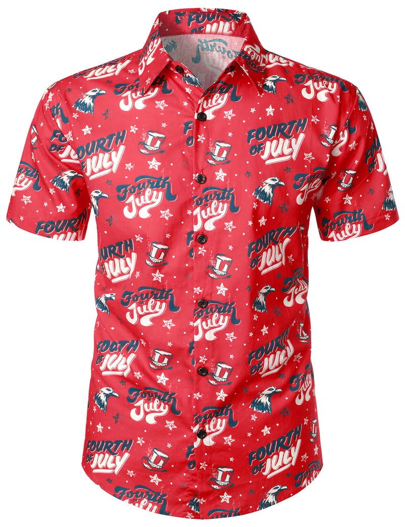 Men's 4th of July Print American USA Patriotic Button Up Red Short Sleeve Shirt