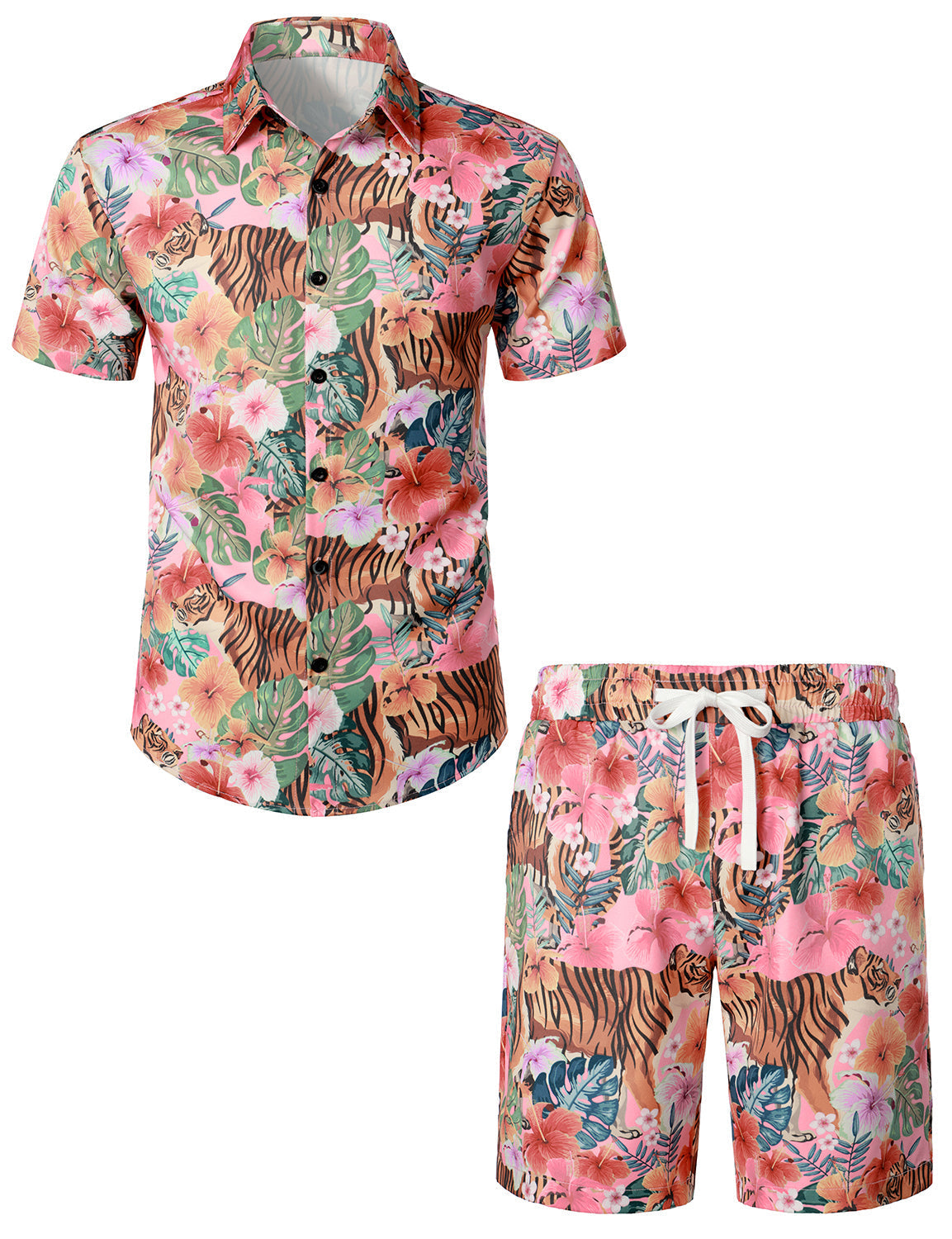 Men's Flamingo Print Hawaiian Shirt & Shorts Set