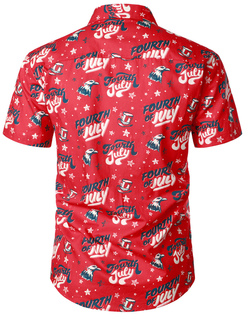 Men's 4th of July Print American USA Patriotic Button Up Red Short Sleeve Shirt