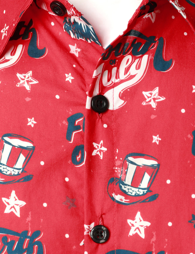 Men's 4th of July Print American USA Patriotic Button Up Red Short Sleeve Shirt