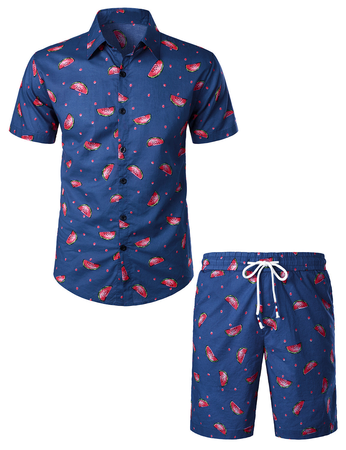 Men's Lemon Print Cotton Hawaiian Shirt and Shorts Set