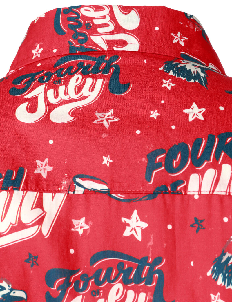 Men's 4th of July Print American USA Patriotic Button Up Red Short Sleeve Shirt