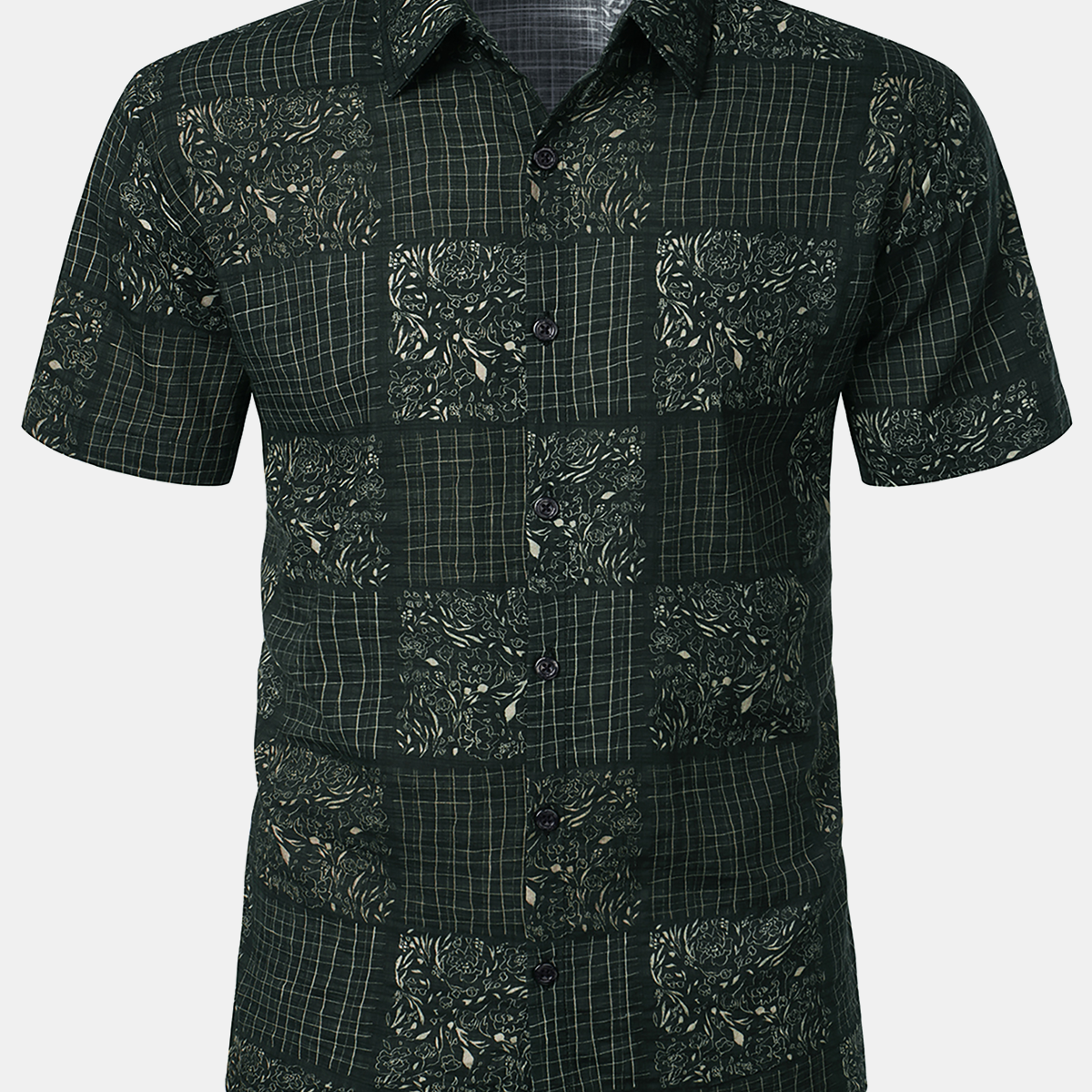 Men's Vintage Patchwork Black Hawaiian Button Up Short Sleeve Shirt