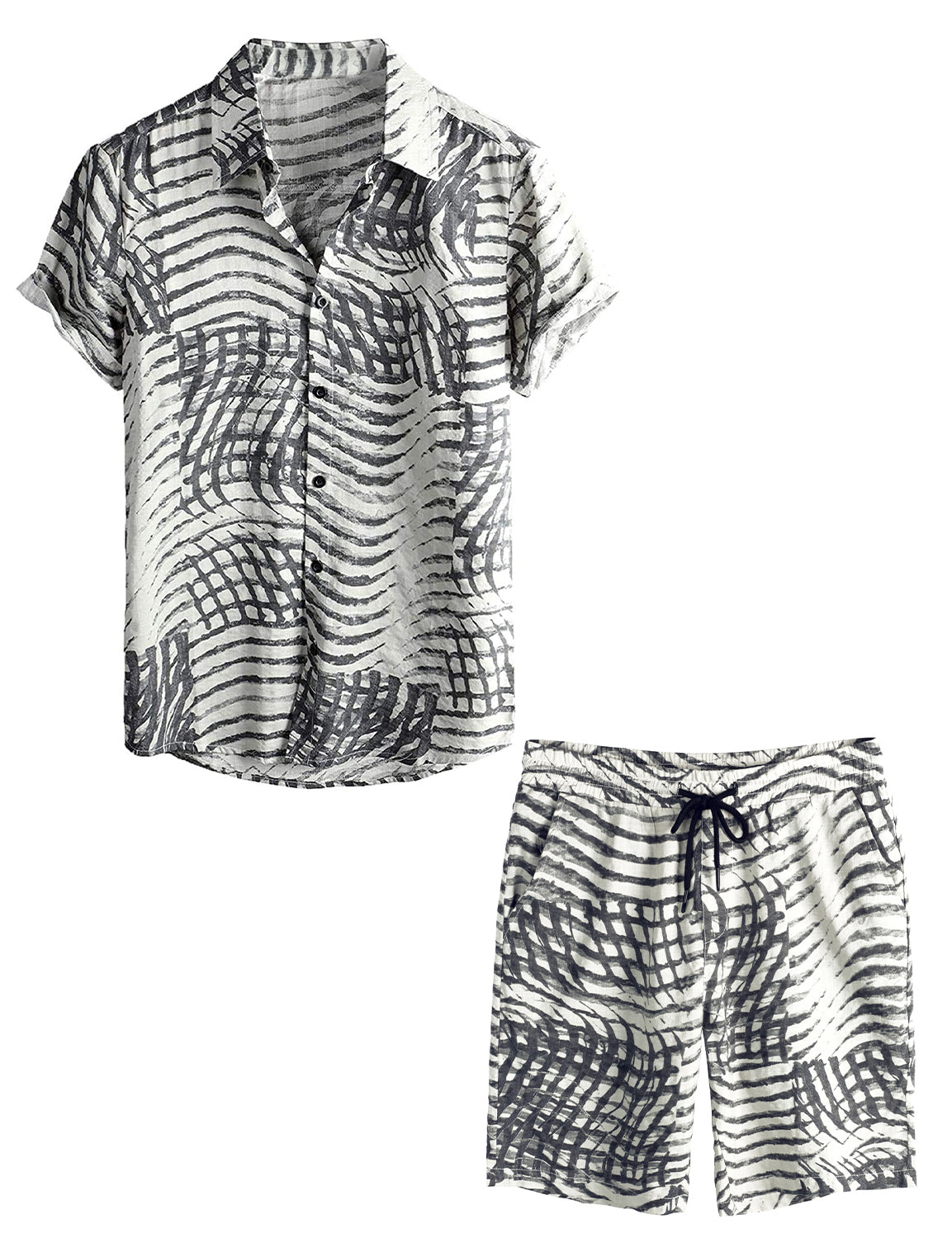 Men's Vintage Casual Button Up Matching Shirt and Shorts Set