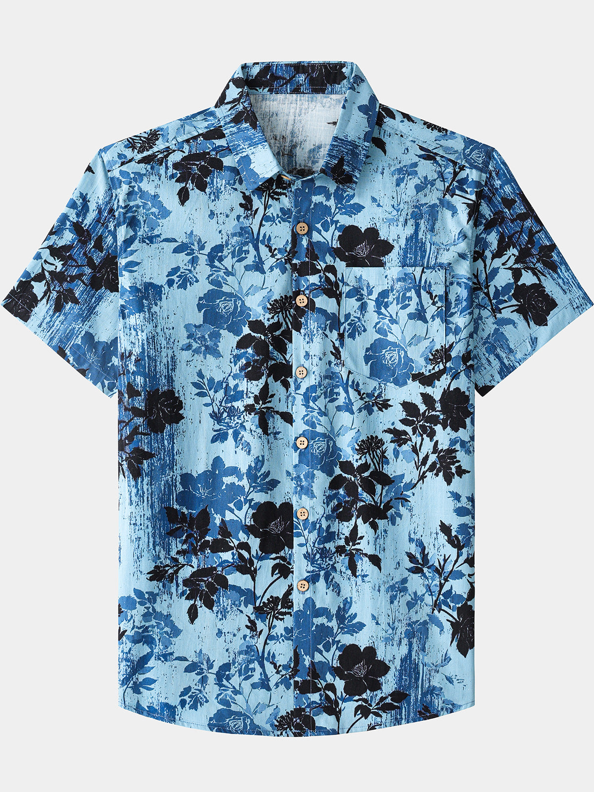 Men’s Summer Beach Vintage Light Blue Floral Cotton Casual Breathable Short Sleeve Shirt