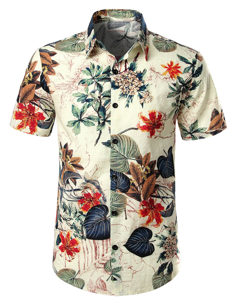 Men's Tropical Floral Hawaiian Print Beach Holiday Resort Button Up Short Sleeve Shirt