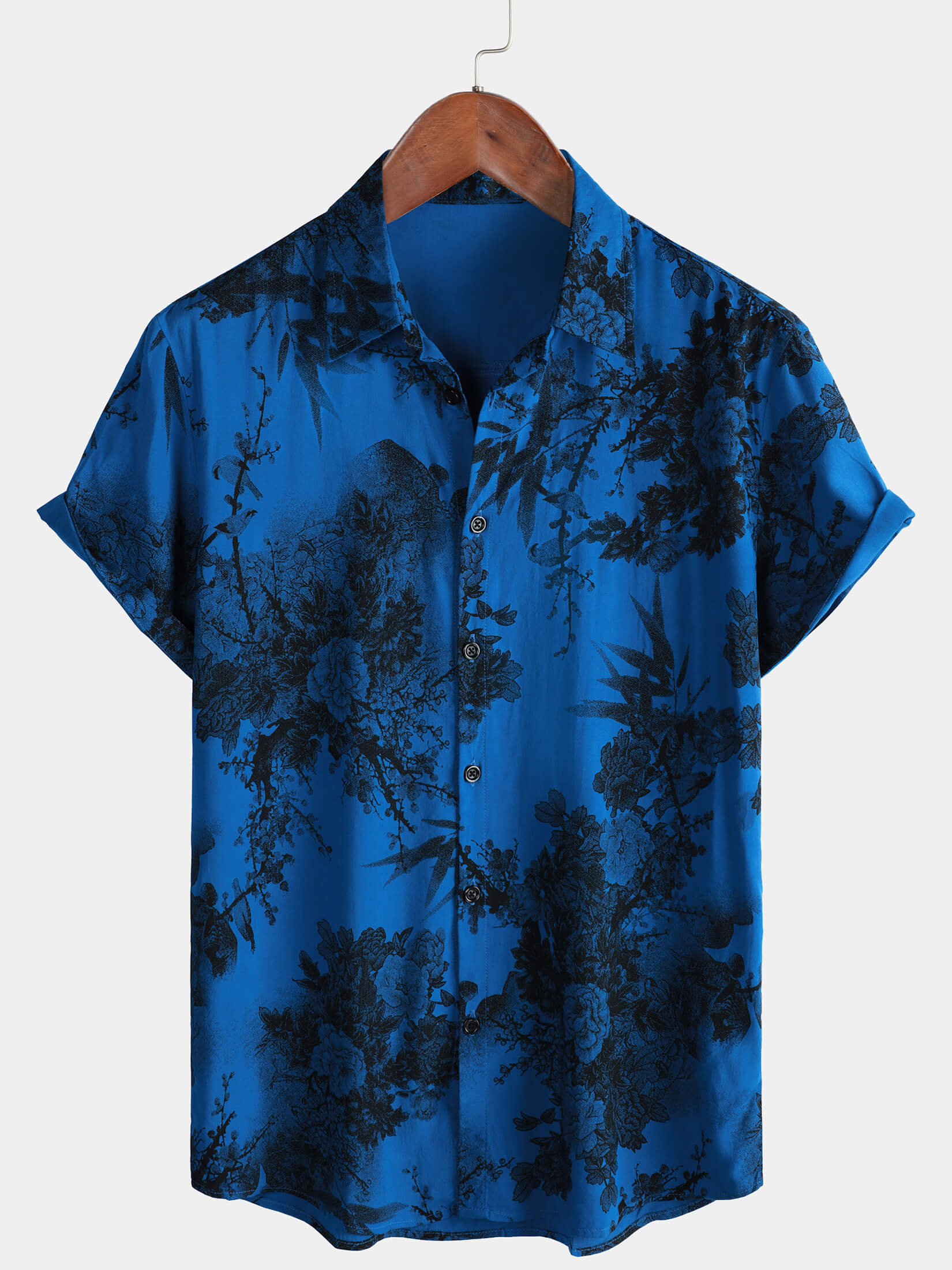 Men's Blue Vintage Floral Summer Holiday Hawaiian Breathable Button Up Short Sleeve Shirt