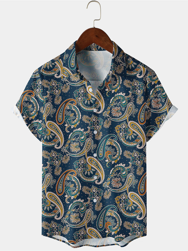 Men's Paisley Casual Vintage Print Button Up Navy Blue Short Sleeve Shirt