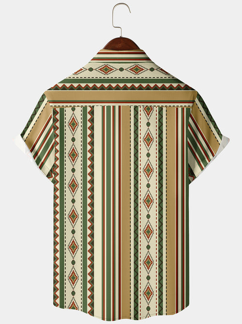 Men's Casual Vertical Striped Ethnic Western Vintage Button Up Retro Aztec Print Short Sleeve Shirt