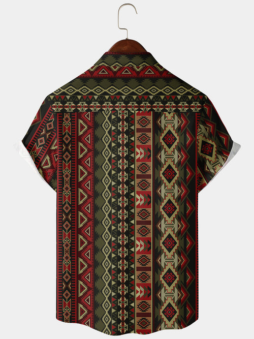 Men's Summer Green and Red Striped Retro Ethnic Geometric Button Up Western Retro Aztec Print Short Sleeve Shirt