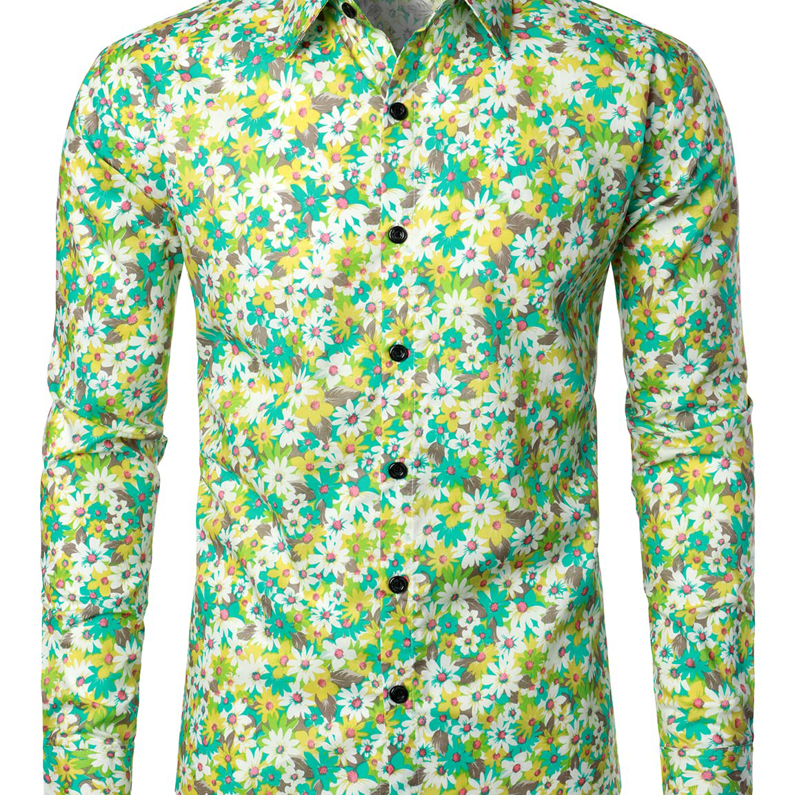 Men's Green Daisy Vintage Floral Cotton Flower Button Long Sleeve Dress Shirt