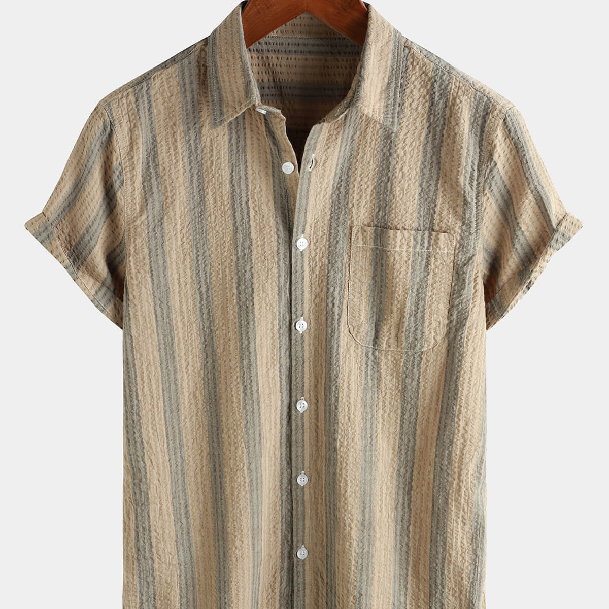 Men's Striped Cotton Casual Pocket Hawaiian Holiday Button Up Short Sleeve Shirt